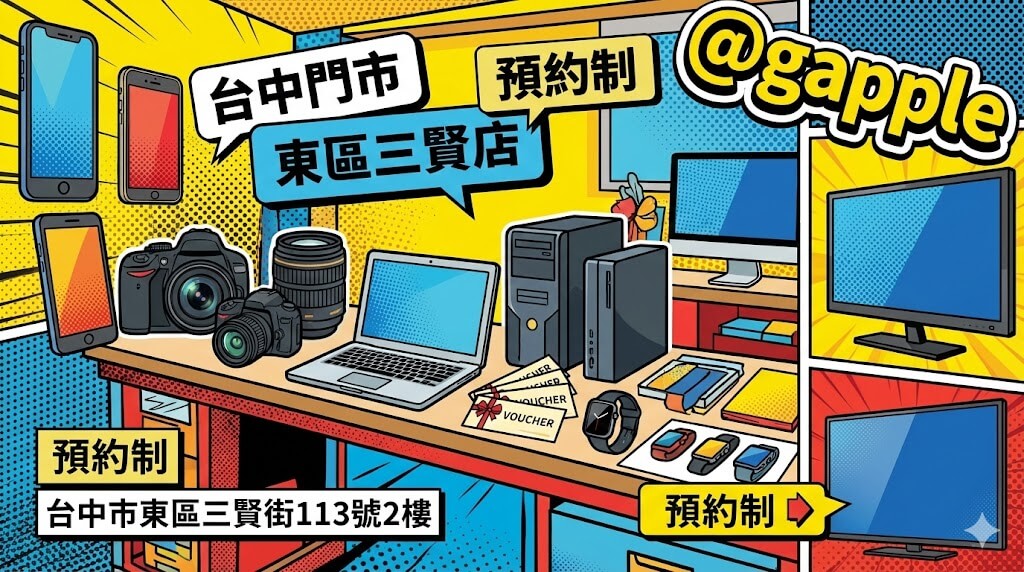 青蘋果3C 台中新門市 東區三賢店 預約制 二手手機相機筆電手錶螢幕電視收購現場估價示意圖