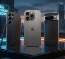 026 三大旗艦手機 (iPhone 17, S25 Ultra, Pixel 10) 並列展示，背景呈現高級科技質感 / 2026 Top 3 Flagship Phones (iPhone 17, S25 Ultra, Pixel 10) displayed side by side, premium tech background.